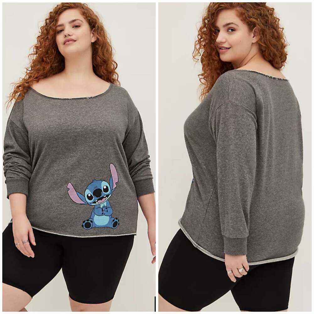 Torrid NWT Disney Lilo & Stitch Off Shoulder Sweatshirt Raw Hem Grey Size 6X